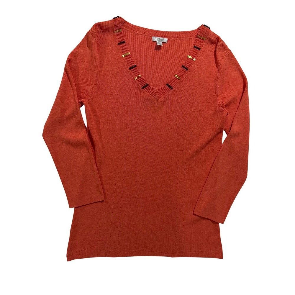 Y2K Conrad C Collection Coral Beaded V-Neck Sweater Top Women's S/P